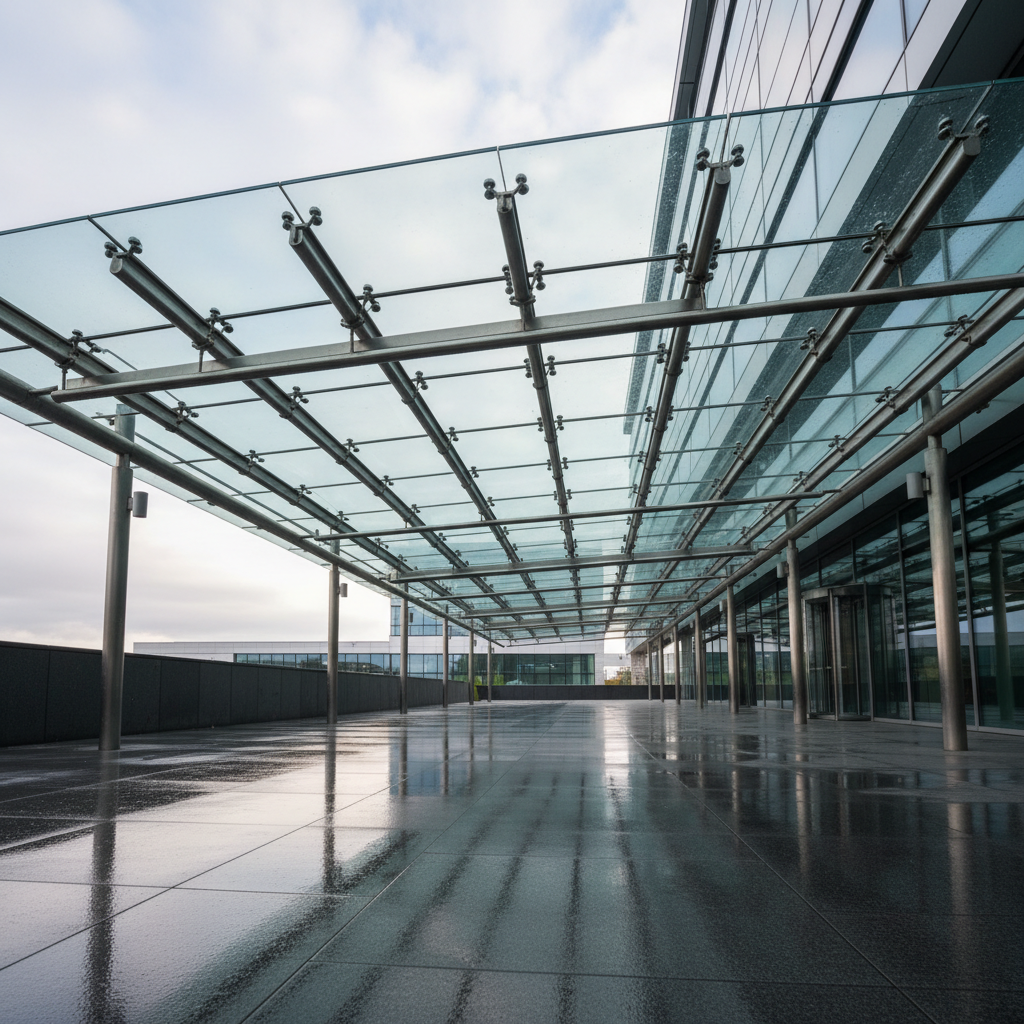 A gleaming glass canopy above the entrance of a regional office building, each pane perfectly transparent and free of water spots, leaves, or dirt. The stainless-steel support rods and brackets are polished, catching the cool, late-morning daylight in small, bright highlights. Beneath, a clean, dark stone entrance platform shows uniform, freshly washed surfaces with subtle reflections. The sky is slightly cloudy, providing soft, even illumination without harsh contrast. Photographed from a low-angle perspective, looking up toward the canopy, the composition highlights the technical complexity and thoroughness of professional exterior glass and building cleaning in a realistic, modern style.