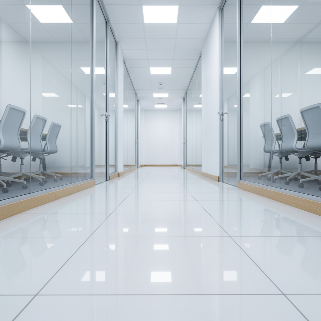 A bright, minimalist office corridor with freshly cleaned, high-gloss porcelain floor tiles that reflect the overhead LED panel lights like a mirror. Crystal-clear interior glass partitions separate tidy meeting rooms, their metal frames and door handles free of smudges or dust. The white walls and light oak skirting boards appear immaculate, with no marks or scuffs. The lighting is cool and even, creating a hygienic, efficient atmosphere. Captured from a low, slightly angled perspective down the hallway, with strong leading lines and photographic realism, the image emphasizes order, punctual service, and thorough commercial building cleaning.
