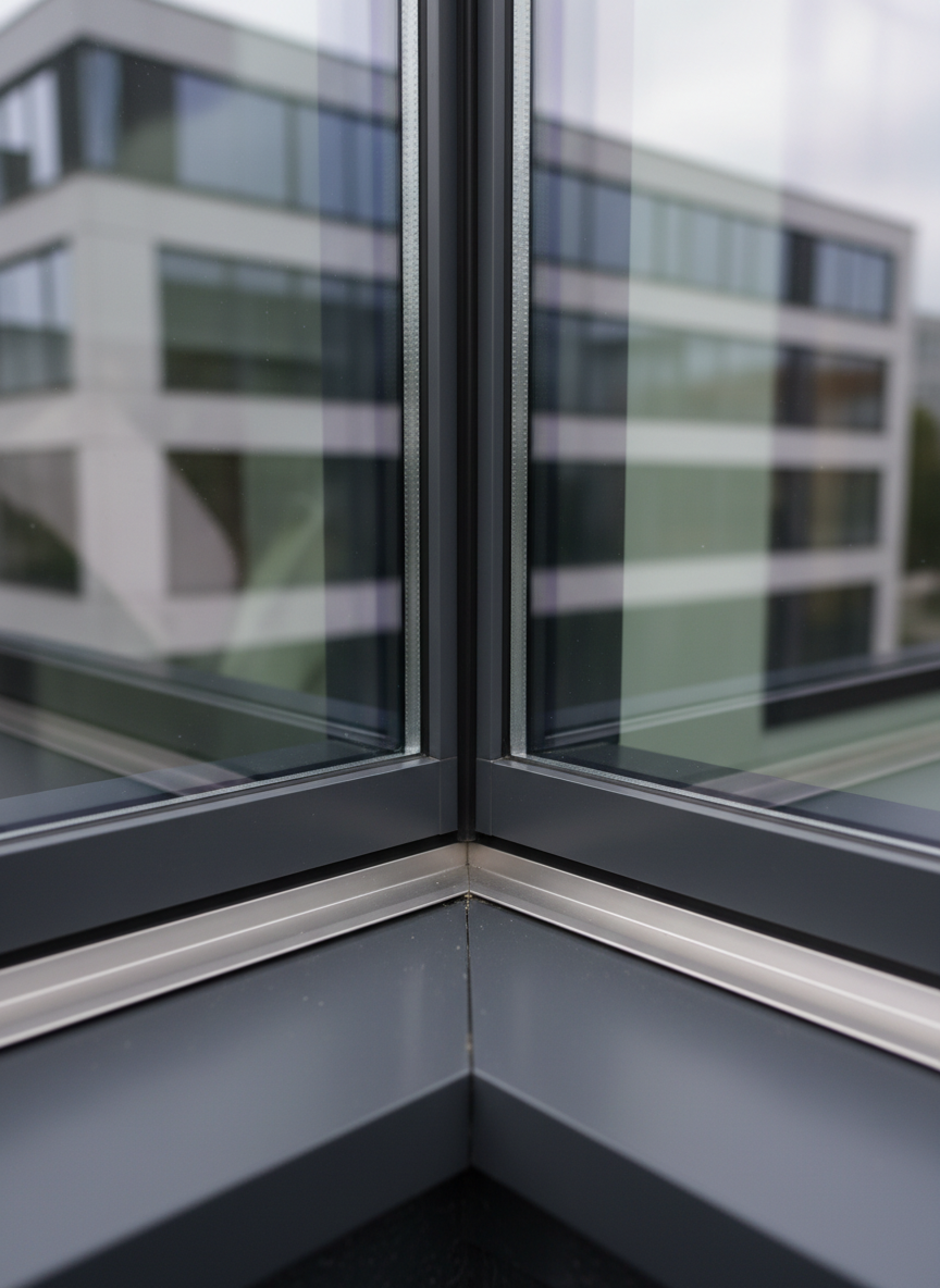 A detailed close-up of a freshly cleaned window corner in a commercial facade, showing crystal-clear glass meeting a dark anthracite aluminum frame. A narrow drainage channel on the window sill is spotless, with no dust or debris, and the silicone joint is neat and uniform. Reflections reveal a sharply rendered sky and neighboring architecture, subtly warped by the glass. Soft, natural daylight from an overcast sky creates gentle highlights along the frame edges and a clean, technical feel. Captured with a macro-like, shallow depth of field in photographic realism, the image emphasizes precision and meticulous glass cleaning for demanding clients.