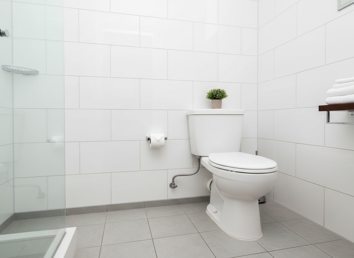 same bathroom after deep cleaning, limescale removed, clean toilet, bright tiles and grout, hygienic and tidy, realistic photography, no people, no text