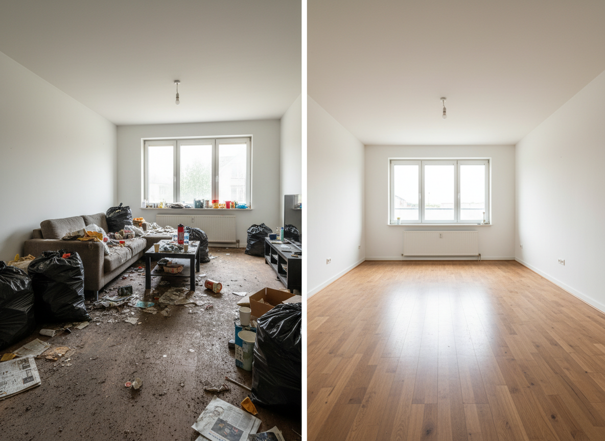 Realistisches Vorher-Nachher-Bild einer Spezial- und Extremverschmutzungsreinigung: Links ein stark vernachlässigtes Wohnzimmer mit viel Unordnung, Müllsäcken, Staub und verschmutztem Boden, rechts derselbe Raum frisch gereinigt, leer, hell und ordentlich. Keine Personen, keine Dokumente, kein Text im Bild. Moderner, seriöser Stil.