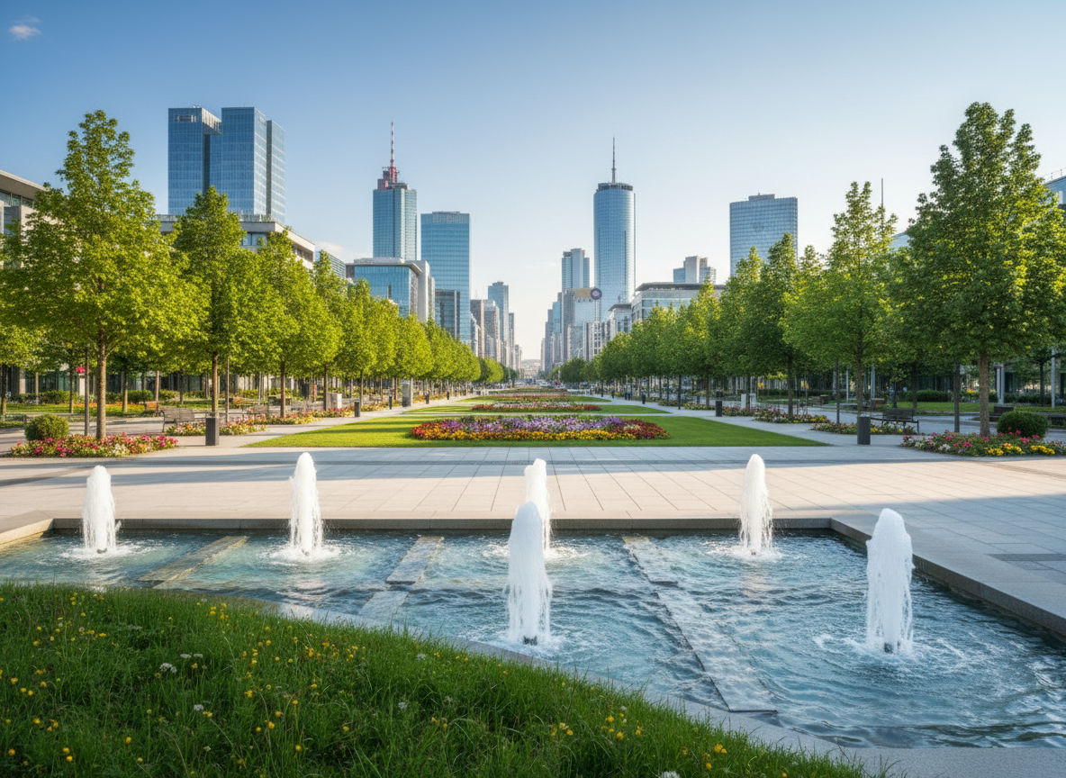 Helle, freundliche Stadtansicht: moderne, saubere Skyline mit Glasfassaden, breite gepflegte Promenade mit Bäumen und Grünflächen, im Vordergrund ein ruhiger Fluss oder Brunnen, alles sehr ordentlich und sauber, passend für ein Reinigungsunternehmen.