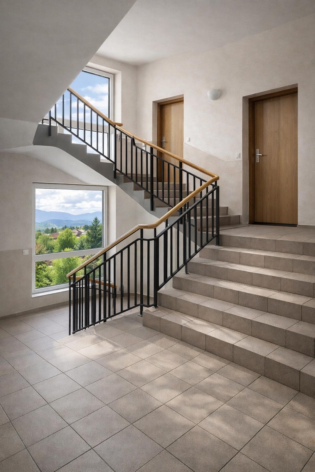 Sauber gereinigtes, ehemals stark verschmutztes Treppenhaus in einem Mehrfamilienhaus in Gießen: helle Fliesen, gereinigtes Geländer, kein Schmutz mehr sichtbar, realistisches Foto, moderner Stil, neutraler Hintergrund. Sauber gereinigtes, ehemals stark verschmutztes Treppenhaus in einem Mehrfamilienhaus in Gießen: helle Fliesen, gereinigtes Geländer, kein Schmutz mehr sichtbar, realistisches Foto, moderner Stil, neutraler Hintergrund.