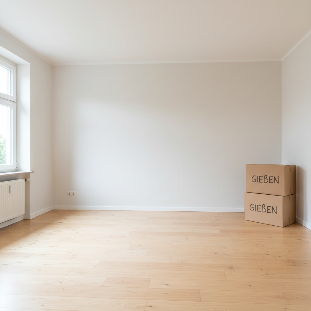 Realistic, bright, and clean photo of a freshly decluttered living room in Gießen: empty floor, neutral walls, lots of daylight from a window, and maybe a few moving boxes neatly stacked in a corner. No people visible. Fits a serious, discreet brand for decluttering and Messie cleanups.