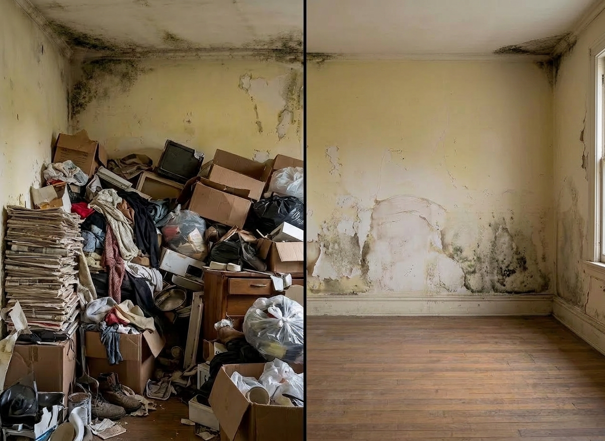 Realistische Vorher-Nachher-Fotocollage einer Messie-Wohnung: Links ein stark überfülltes, chaotisches Wohnzimmer mit vielen Kisten, Müllsäcken, herumliegenden Gegenständen und deutlich verschmutzten, fleckigen Wänden; rechts derselbe Raum nach einer professionellen Entrümpelung und Reinigung – aufgeräumt, sauber, helle frisch gestrichene Wände, ordentliche Möbel. Keine Schrift oder Icons im Bild, nur das klare Vorher-Nachher-Motiv. Stil: realistische Fotooptik, seriös, diskret, professionelle Reinigungsfirma.